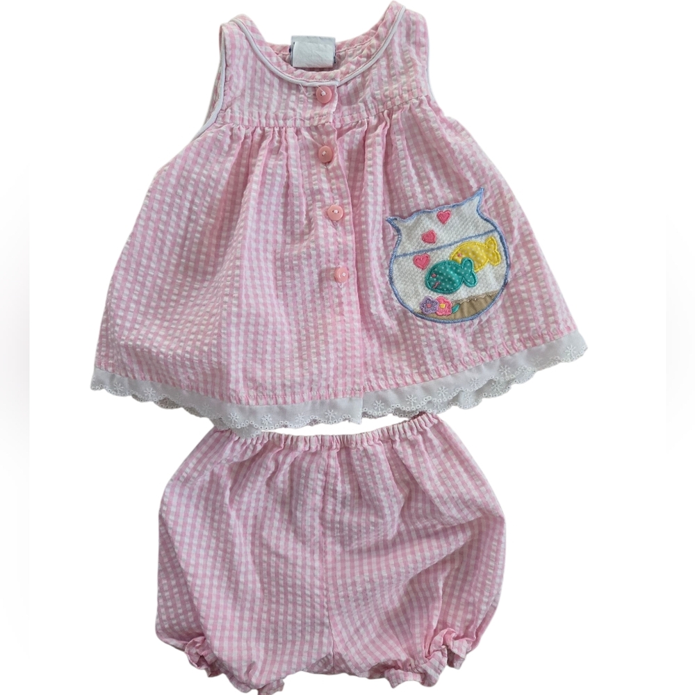 Vintage 1990s Y2k Pink Gingham Fish Bowl Embroidery 2pc Dress Bloomers Set